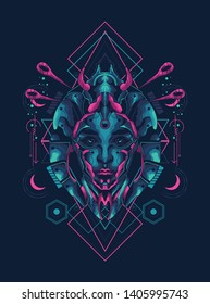 Geisha from the future with sacred geometry pattern