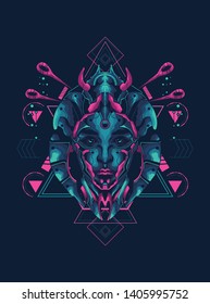 Geisha from the future with sacred geometry pattern