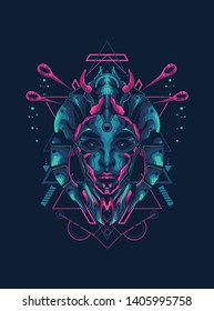 Geisha from the future with sacred geometry pattern