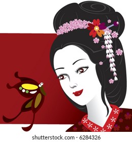 Geisha girl with butterfly.(vector)