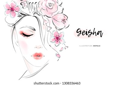 Geisha Girl Face With Closed Eyes And Red Lips Hand Drawn Fashion Illustration.