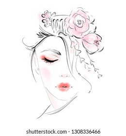 Geisha Girl Face With Closed Eyes And Red Lips Hand Drawn Fashion Illustration.