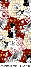 geisha girl fan umbrella kimono circles japanese chinese vector design pattern black gold