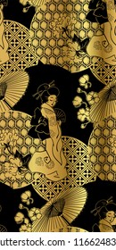 geisha girl fan umbrella kimono circles japanese chinese vector design pattern black gold