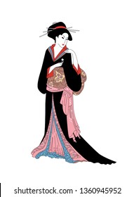 Geisha girl with flower. Beautiful japanese women in national dress. Element of traditional asian design. Cartoon vector illustration on white background.