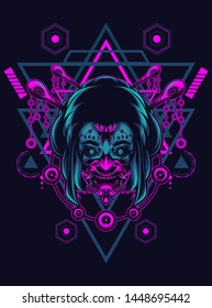 Geisha girl with oni mask in sacred geometry pattern
