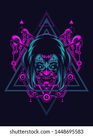 Geisha girl with oni mask in sacred geometry pattern