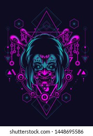 Geisha girl with oni mask in sacred geometry pattern