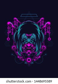 Geisha girl with oni mask in sacred geometry pattern