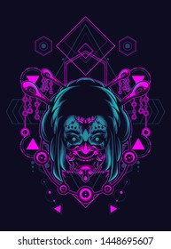 Geisha girl with oni mask in sacred geometry pattern