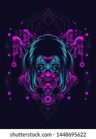 Geisha girl with oni mask in sacred geometry pattern