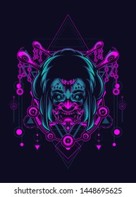 Geisha girl with oni mask in sacred geometry pattern