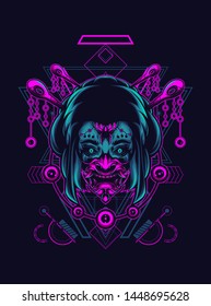Geisha girl with oni mask in sacred geometry pattern