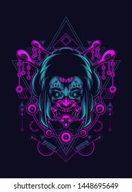 Geisha girl with oni mask in sacred geometry pattern