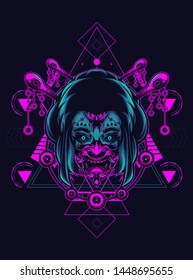 Geisha girl with oni mask in sacred geometry pattern