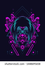 Geisha girl with oni mask in sacred geometry pattern