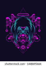 Geisha girl with oni mask in sacred geometry pattern