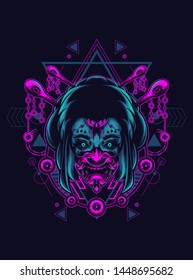 Geisha girl with oni mask in sacred geometry pattern