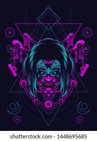 Geisha girl with oni mask in sacred geometry pattern