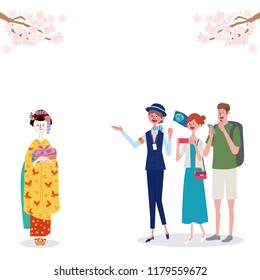 A geisha girl, tour guide and tourists under cherry tree