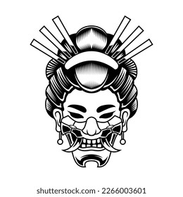 Geisha With Hanya Mask Black And White Samurai Warrior Logo vintage vector illustration