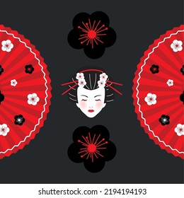 geisha head and hand fan with sakura flowers