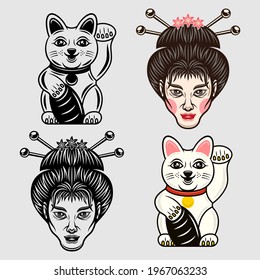 Geisha head and maneki neko lucky cat japanese cartoon characters set of vector objects in two styles colored and black and white