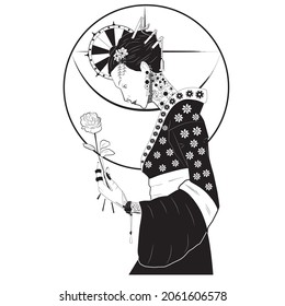 una geisha sosteniendo una flor en vector