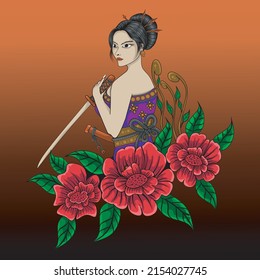 Geisha holding katana artwork illustration