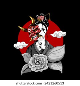 geisha holding oni mask to cover her face