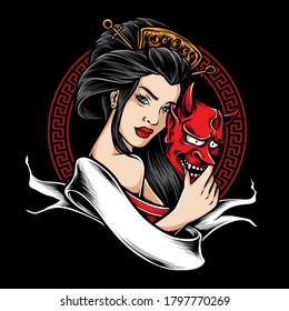 geisha holding oni mask vector