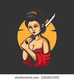 Geisha holding sword on dark background