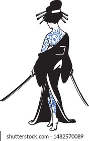 Geisha holding a swords.coloured in black and blue