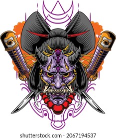 Geisha illustration with japanese mask available for you