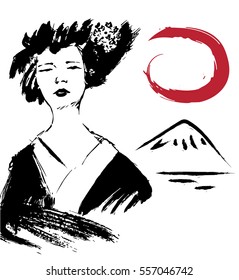 Geisha illustration. Kimono. Drawing hand