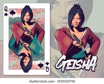 Geisha illustration for Queen of Spades playing card design