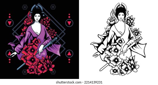 geisha illustration with sacred geometry background