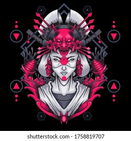 Geisha Illustration Sacred Geometry. Perfect for t-shirt/apparel, merchandise, pin design, skateboard, etc