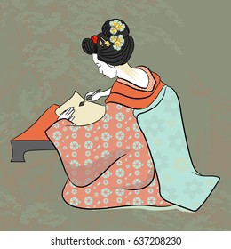 Geisha Japan classical Japanese woman ancient style of drawing. Painting geisha