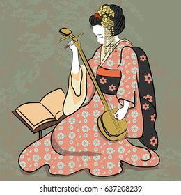 Geisha Japan Classical Japanese Woman Ancient Style Of Drawing. Playing Music Geisha With  Shamisen