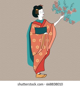 Geisha Japan classical Japanese woman ancient style of drawing. Geisha is looking at Sakura