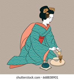 Geisha Japan classical Japanese woman ancient style of drawing. Geisha makes a tea.