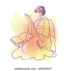 Geisha Japan classical Japanese woman watercolor style of drawing. Geisha makes a tea on watercolor style background