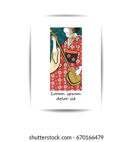 Geisha Japan classical Japanese woman ancient style of drawing. Template for cover, banner, greeting card or poster. Geisha and  shamisen