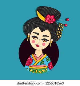 Geisha japan lady doodle cartoon colorful vector portrait 