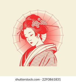 Geisha, Japan. Retro and simplicity line drawing. Japan tourism poster,  icon, logo template. 