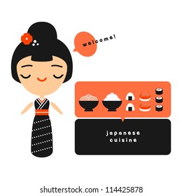 Geisha and japanese food illustration (vector version)