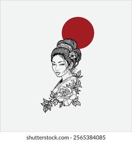 Geisha Japanese kimono hand drawn illustration artwork