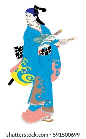 Geisha Japanese woman in national kimono with a sword of the Samurai.