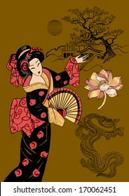 geisha. Japanese Woman.abstract Chinese landscape